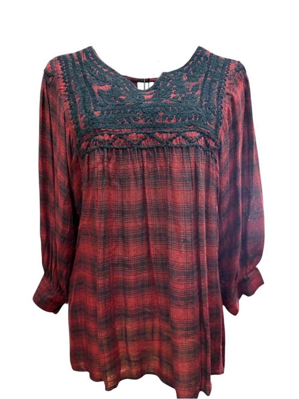 Sister Mary Red Plaid Crochet Yoke Tunic Top Small